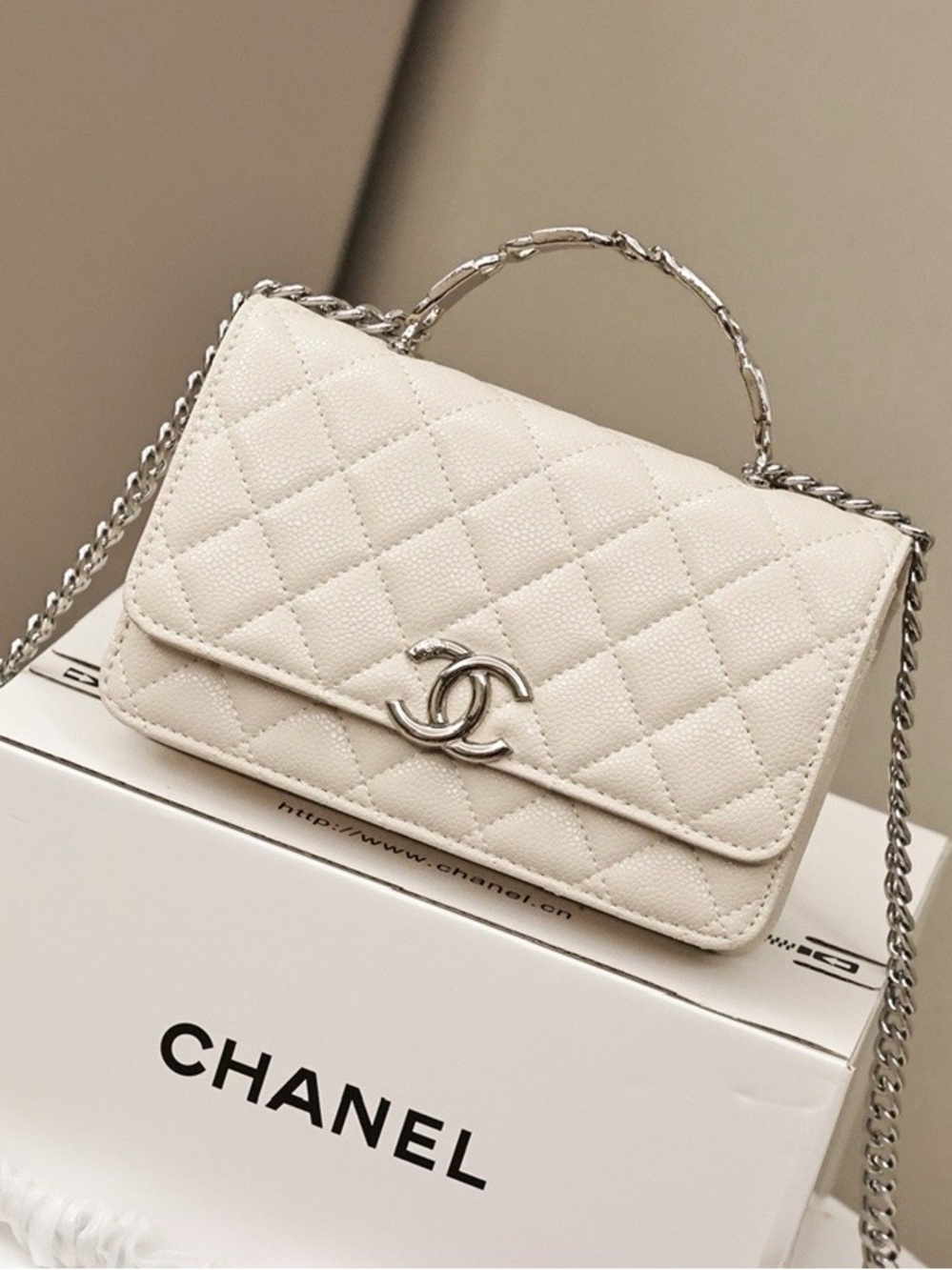 CHANEL Cream Quilted Leather Small Flap Crossbody with Silver Chain